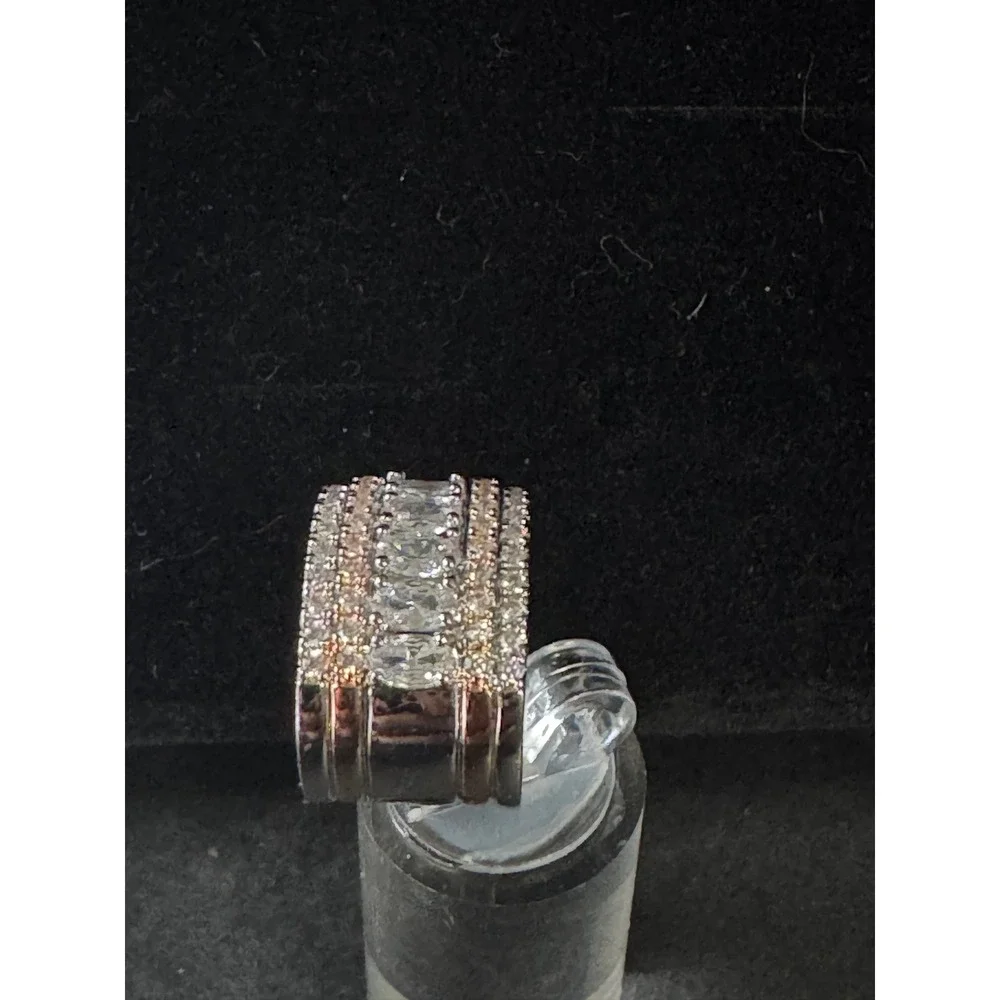 Silver Rose Gold Tone Multi Row Crystal Statement Ring Size 6 Costume Jewelry